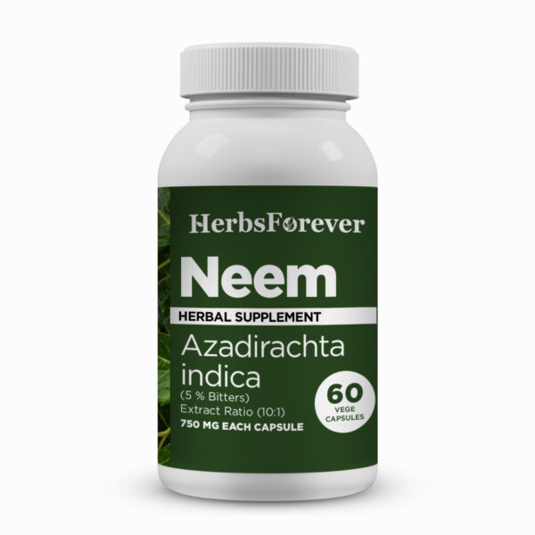 Neem Capsules – Azadirachta Indica - 5% Bitters - Extract Ratio 10:1 - 60 Vege Capsules - 750 mg each