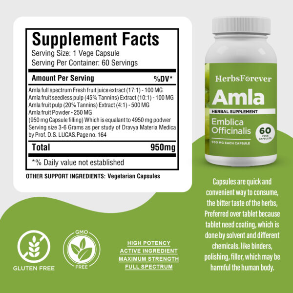Amla Capsules - Embelica Officinalis - 45% Tannins - Extract Ratio 10:1 - 60 Vege Capsules - 950 mg each