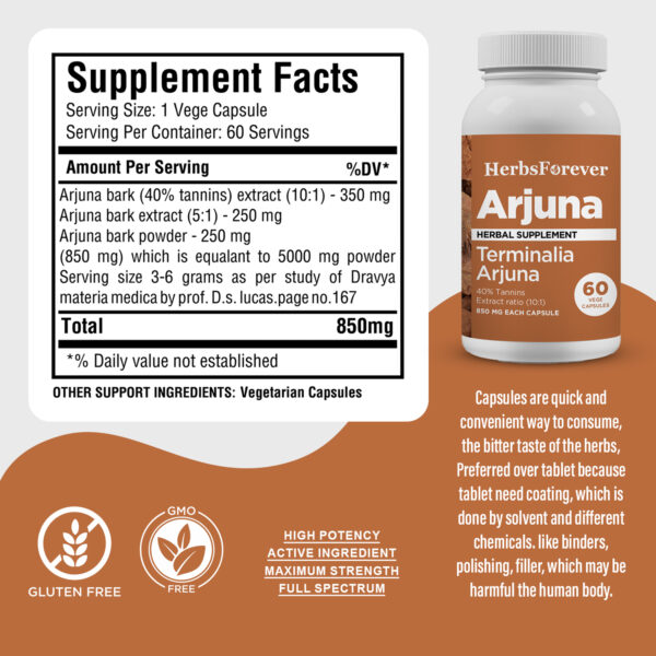 bnr3_arjuna_60Caps_facts Arjuna Capsules - Terminalia Arjuna - 40% Tannins - Extract Ratio 10:1 - 60 Vege Capsules - 850 mg each