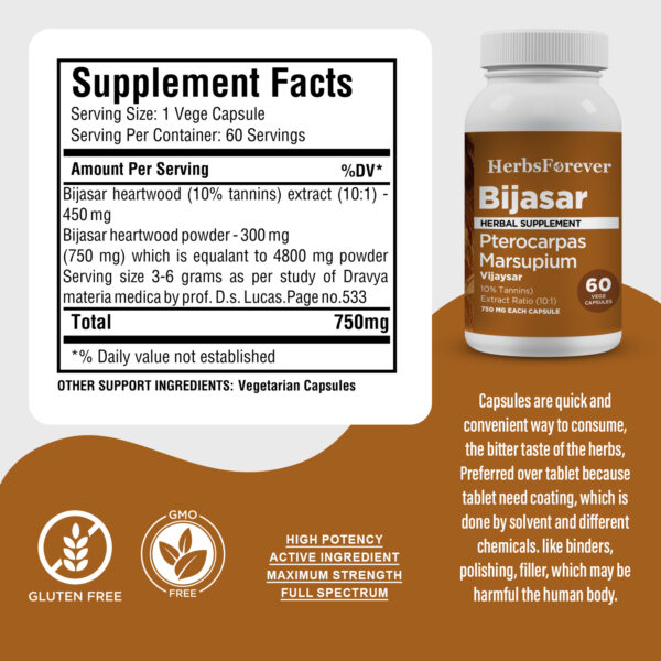 bnr3_bijasar_60Caps_facts Bijasar Capsules - Pterocarpus Marsupium - 10% Tannins - Extract Ratio 10:1 - 60 Vege Capsules - 750 mg each