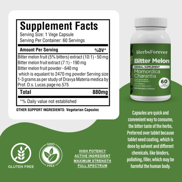 Bitter Melon Capsules (Momordica Charantia) - 5% Bitters - Extract Ratio 10:1 - 60 Vege Capsules - 880 mg each