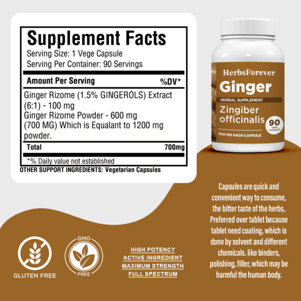 bnr3_ginger_90Caps_facts Ginger Capsules - Zingiber Officinale - 1.5% Gingerols - Extract Ratio 6:1 - 90 Vege Capsules - 700 mg each