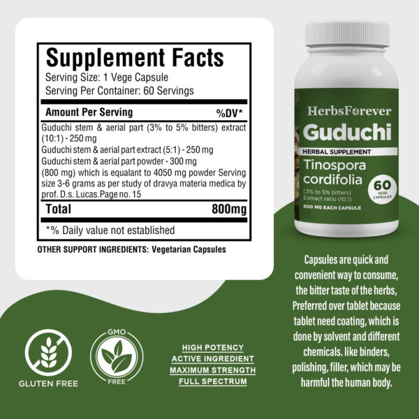 Guduchi Capsules – Tinospora Cordifolia - 3% to 5% bitters - Extract Ratio 10:1 - 60 Vege Capsules - 800 mg each