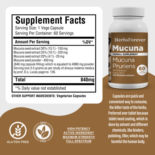Mucuna Capsules - Mucuna Pruriens - 30% - Extract Ratio 15:1 - 60 Vege Capsules - 840 mg each
