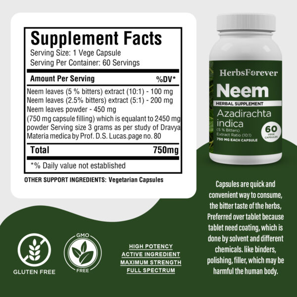 Neem Capsules – Azadirachta Indica - 5% Bitters - Extract Ratio 10:1 - 60 Vege Capsules - 750 mg each