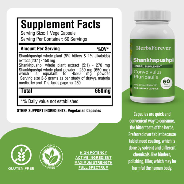Shankhpushpi Capsules – Convolvulus Pluricaulis - 5% bitters & 1% alkaloids - Extract Ratio 20:1 - 60 Vege Capsules - 650 mg each