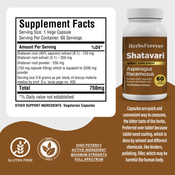 Shatavari Capsules – Asparagus Racemosus - 40% saponin - Extract Ratio 8:1 - 60 Vege Capsules - 750 mg each