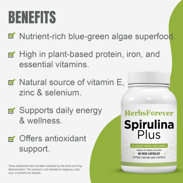 bnr4_spirulina-plus_90Caps Spirulina Plus Capsules - Ayurvedic Herbal Supplement (90 Vege Capsules – 800 Mg Each)