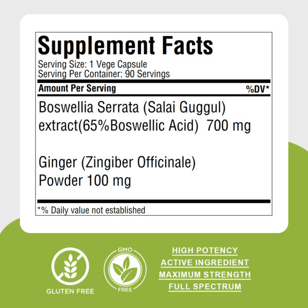 Boswellia Serrata (Salai Guggul) - 65% Boswellic Acid - 90 Vege Capsules - 800 mg each
