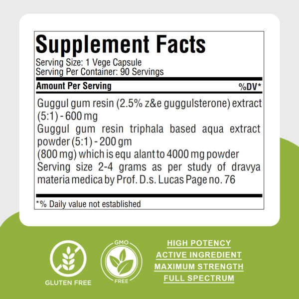 Guggul Resin Capsules – Commiphora Wightii - 2.5% Z&E - Extract Ratio 5:1 - 90 Vege Capsules - 800 mg each