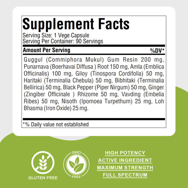 Punarnavadi Guggulu - Ayurvedic Herbal Supplement - 90 Vege Capsules - 800 Mg Each